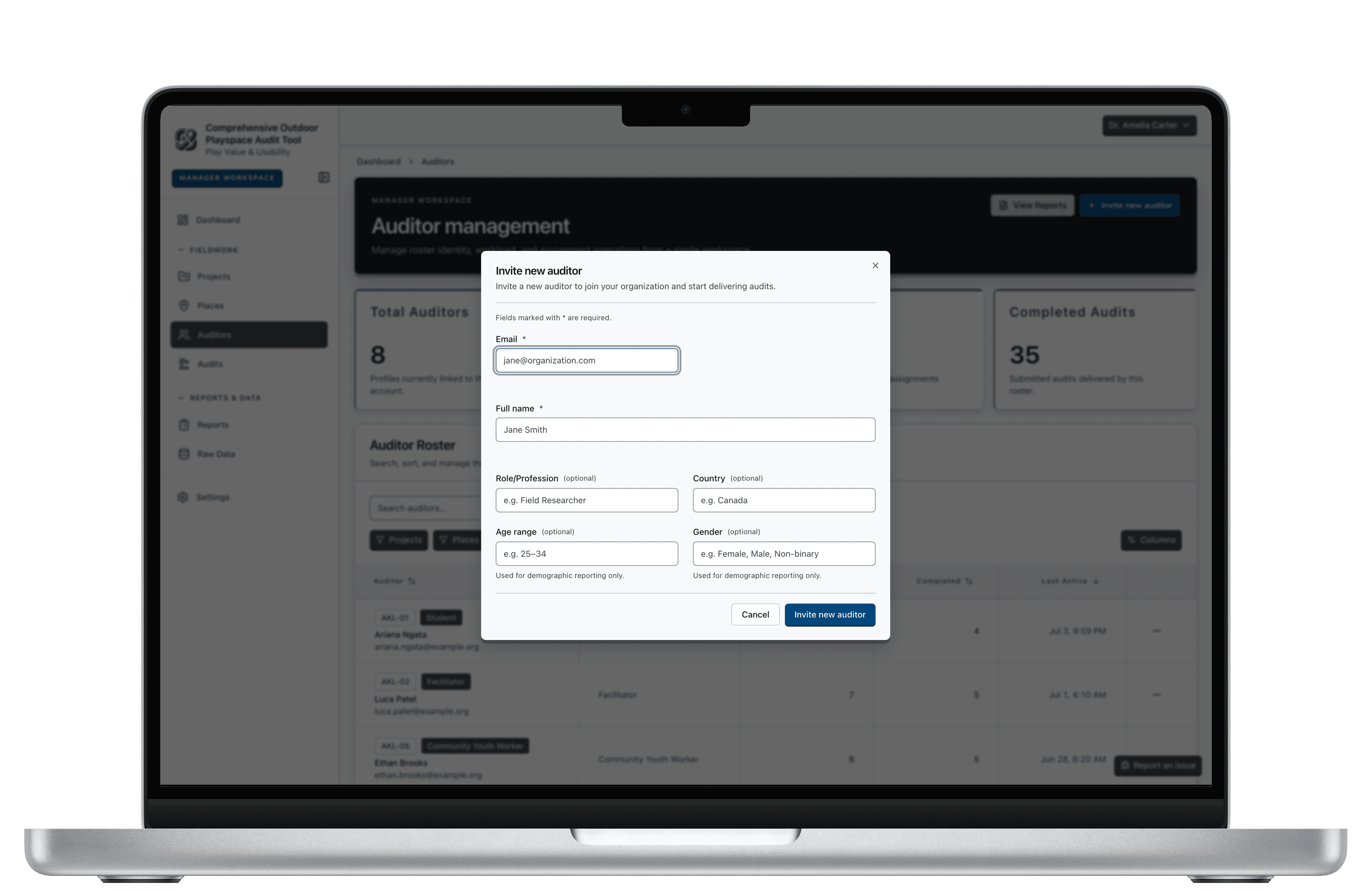 COPA auditor management on a laptop with the invite-auditor dialog open over a roster showing assignments and completed audits