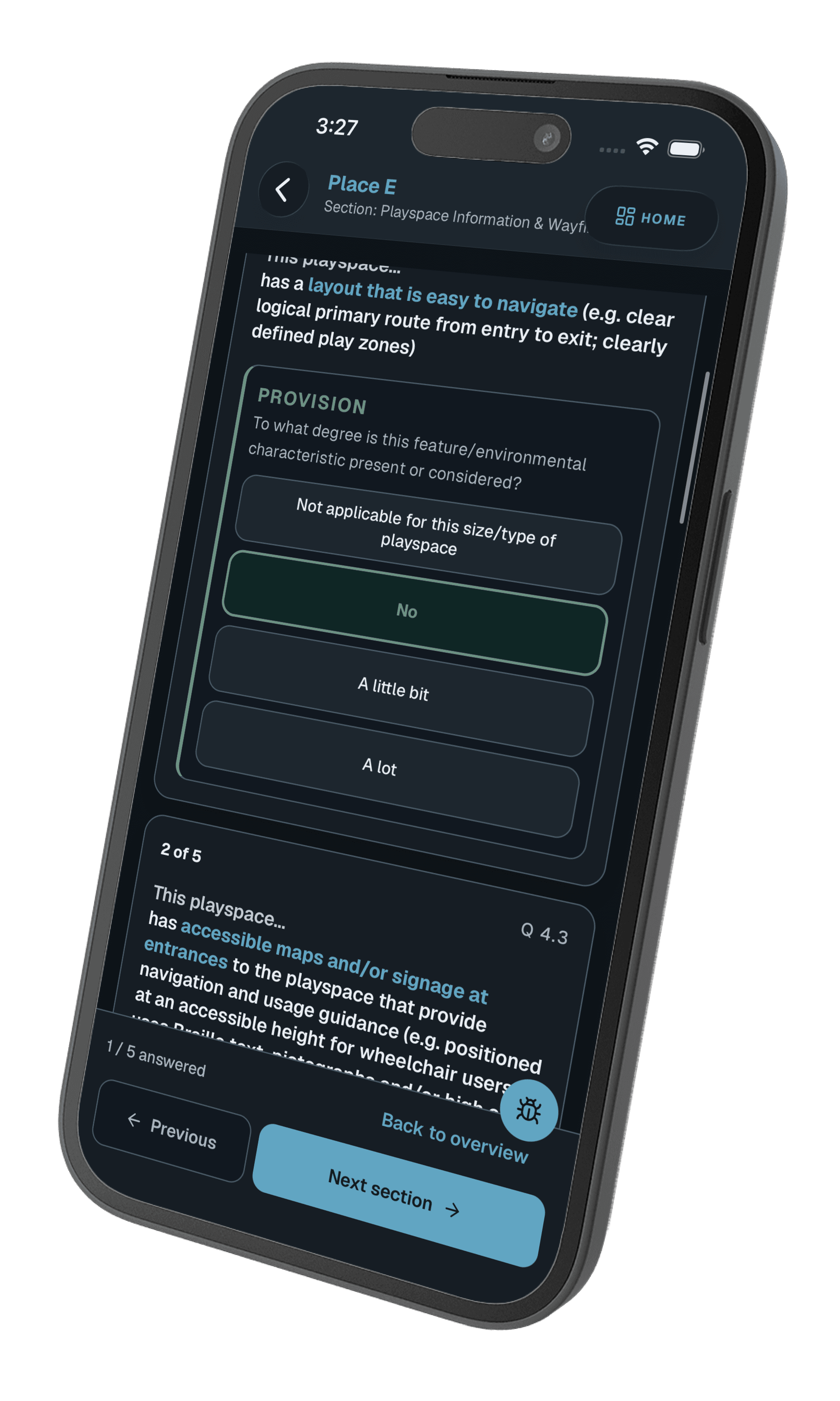 COPA field app on a phone showing a guided audit question with answer options and section progress