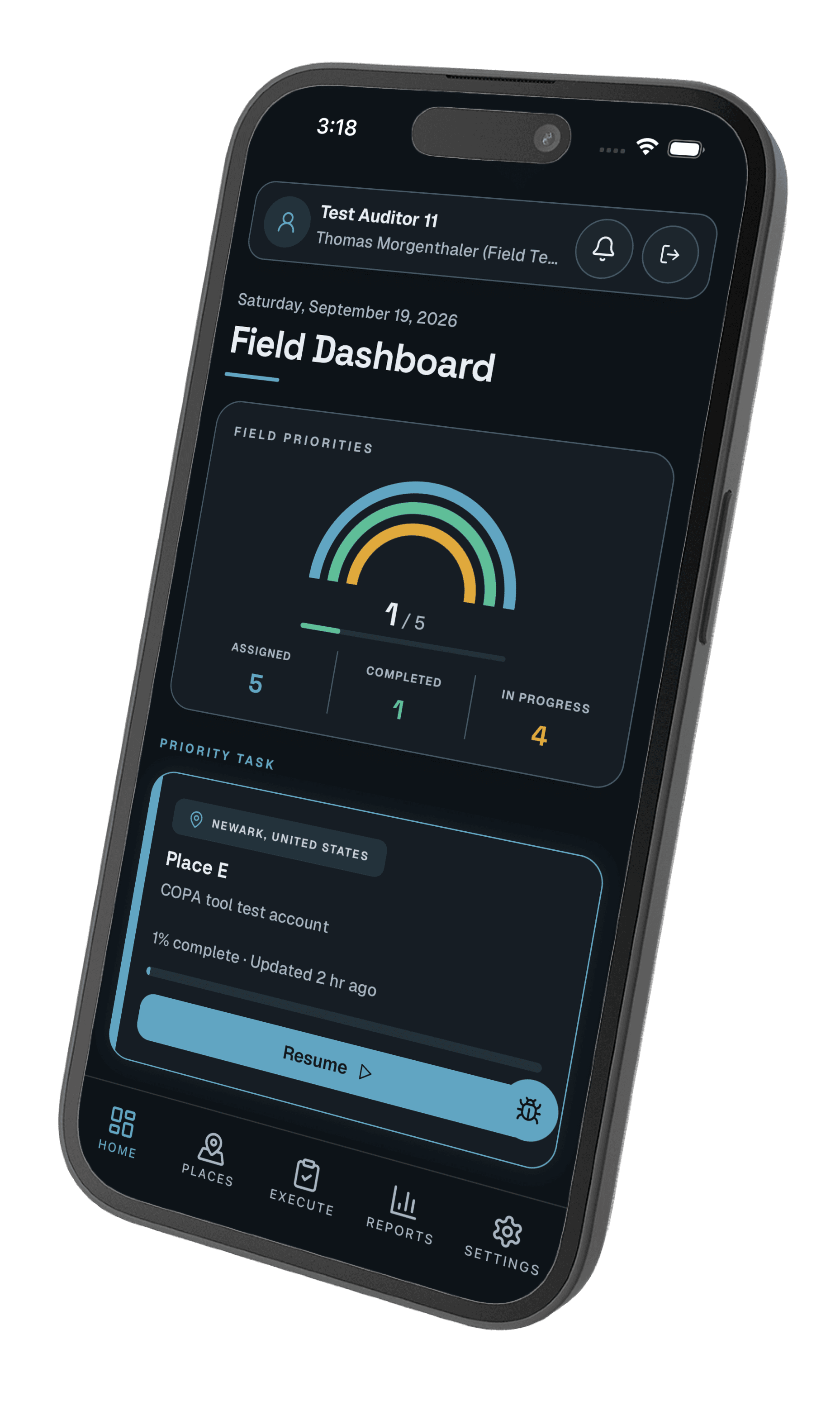 COPA field app on a phone showing an auditor's assigned and completed audits with a priority task and offline-ready status