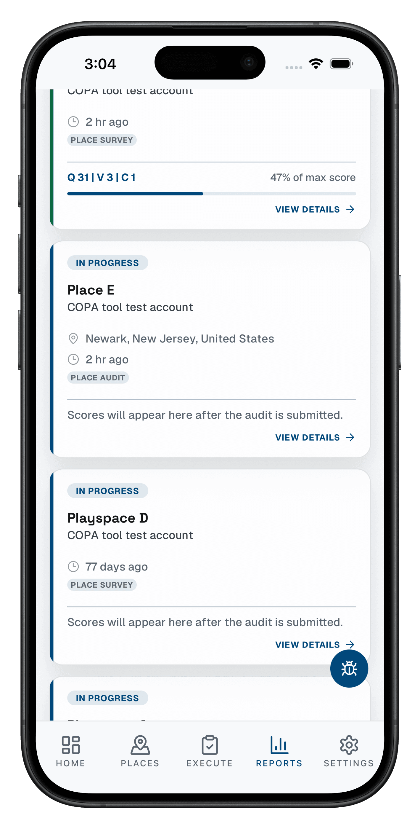 COPA reports list on a phone showing completed audits with their Play Value and Usability scores
